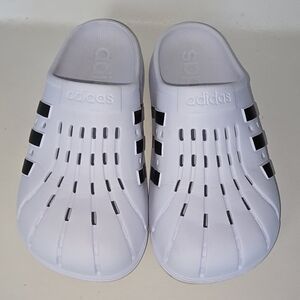 Adidas White and Black Slip-On Clogs